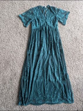 Pinkblush Dark Turquoise Lace Mesh Overlay Maternity Maxi Dress, size Small